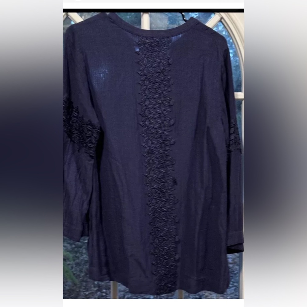 Soft Surroundings Women M Cotton Blouse Navy Blue Eyelet Lace Boho Preppy Y2K